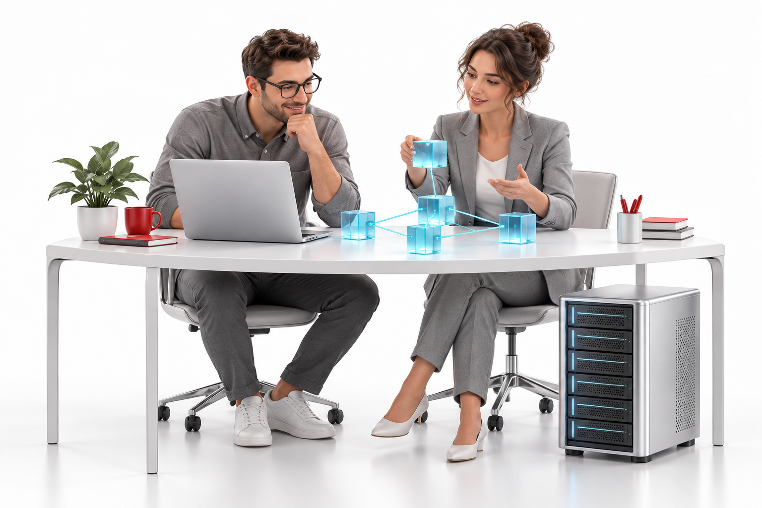 Profesionales de tecnología colaborando en una solución informática